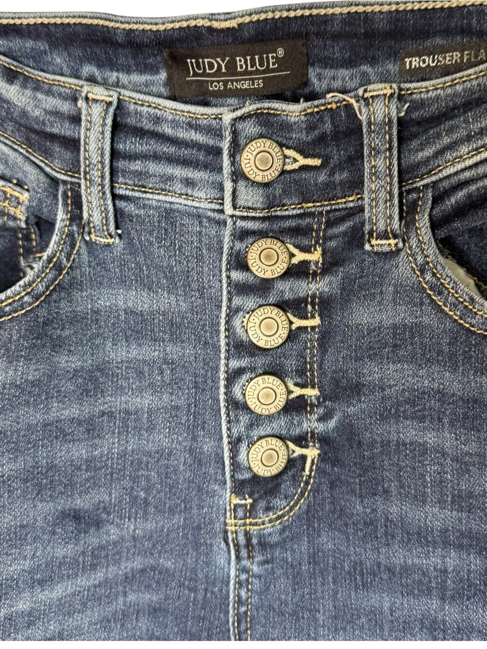 Judy Blue Dark Wash Distressed Trouser Flare Button Fly Jeans - Picture 3 of 8